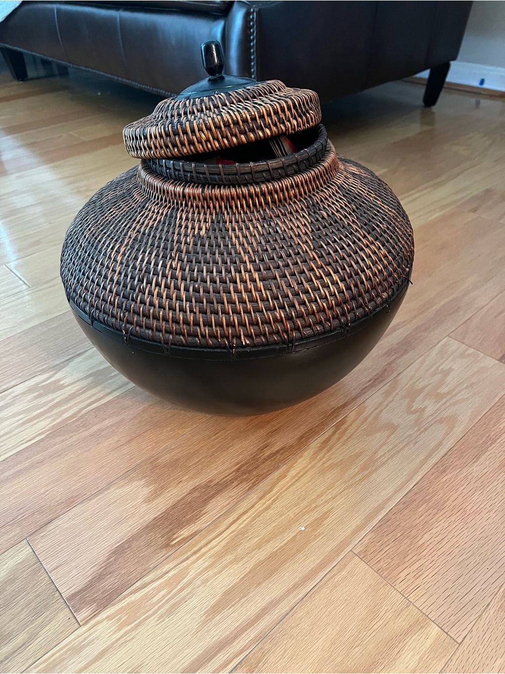 Crate & Barrel Woven Rattan Lidded Accent Basket- Brown & Black